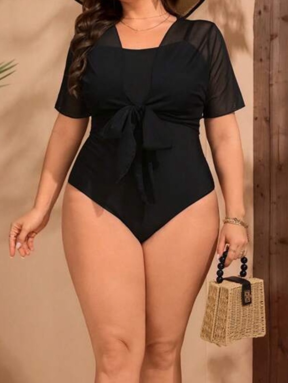 Cupshe Black Tie-Front Short Sleeve One-Piece Swimsuit
